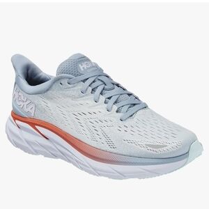 HOKA One One Clifton 8 Running Shoe, Size 7B, White And Orange, Standard Width